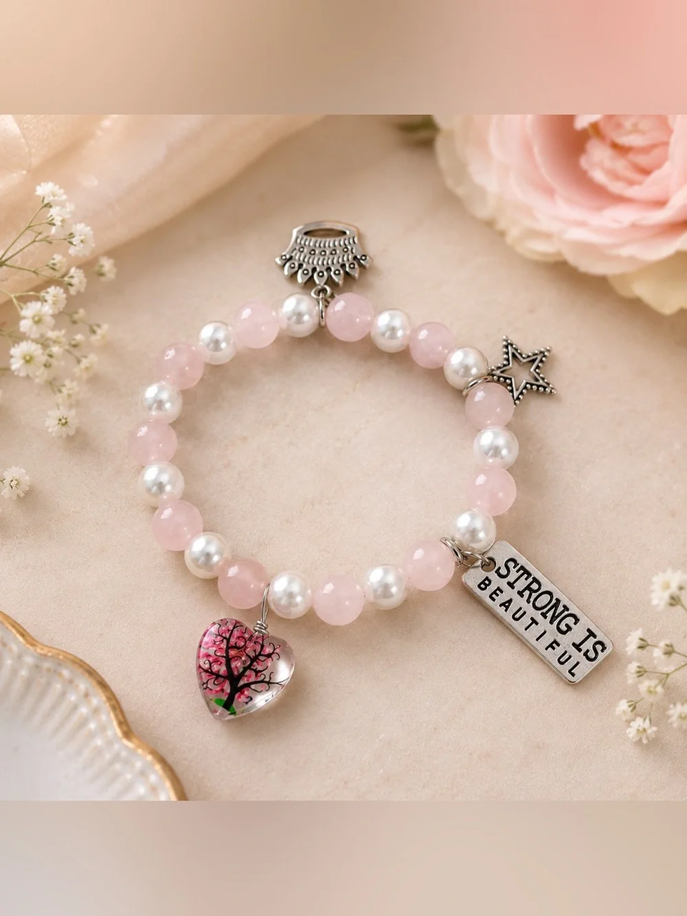 Hand Crafted By Cass Rose Quartz Faux Pearl Charm Bracelet Strong Is Beautiful